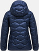 Rückansicht einer dunkelblauen Daunenjacke mit Kapuze und Wellensteppung.