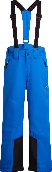 Blaue Skihose mit schwarzen Hosenträgern und schwarzen Beinpartien.
