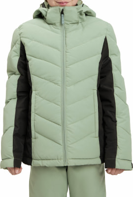 Grüne Daunenjacke mit schwarzen Streifen und Kapuze.