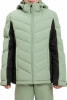 Grüne Daunenjacke mit schwarzen Streifen und Kapuze.