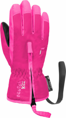 Eine rosa Kinderhandschuh mit schwarzem Reißverschluss und Handgelenkband. Eine rosa Kinderhandschuh mit schwarzem Reißverschluss und Handgelenkband.