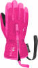 Eine rosa Kinderhandschuh mit schwarzem Reißverschluss und Handgelenkband.