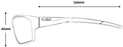 Náčrt slnečných okuliarov Bolle s rozmermi 45 mm a 125 mm.