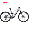 Graues E-Bike von CONWAY mit BOSCH-Logo, Federung und Mountainbike-Rädern.