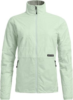 Leichte pistaziengrüne Jacke mit hohem Kragen und schwarzem Reißverschluss.