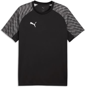 Schwarzes Puma-T-Shirt mit grauem geometrischem Muster auf den Ärmeln.