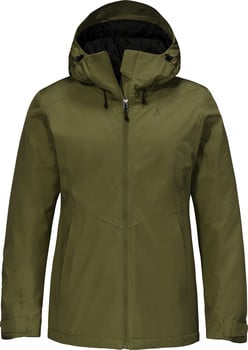 Grüne Damenjacke mit Kapuze und Reißverschluss.