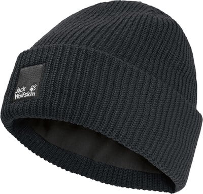 Schwarze Strickmütze mit Jack Wolfskin Logo vorne.