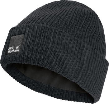 Schwarze Strickmütze mit Jack Wolfskin Logo vorne.