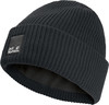 Schwarze Strickmütze mit Jack Wolfskin Logo vorne.