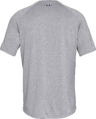 Graues T-Shirt mit kurzen Ärmeln und Under Armour Logo auf dem Rücken.