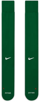 Zwei dunkelgrüne Nike-Socken mit weißem Logo und DRI-FIT-Schriftzug. Zwei dunkelgrüne Nike-Socken mit weißem Logo und DRI-FIT-Schriftzug.