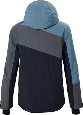 Rückansicht einer Herrenjacke mit Kapuze in Dunkelblau, Grau und Hellblau. Rückansicht einer Herrenjacke mit Kapuze in Dunkelblau, Grau und Hellblau.
