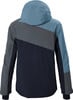 Rückansicht einer Herrenjacke mit Kapuze in Dunkelblau, Grau und Hellblau.