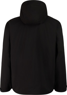 Rückansicht einer schwarzen Kapuzenjacke mit geradem Schnitt. Rückansicht einer schwarzen Kapuzenjacke mit geradem Schnitt.