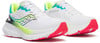 Weiße Saucony-Laufschuhe mit neongelben und türkisfarbenen Akzenten und einer rosa Sohle.