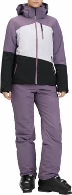 Skijacke und Hose in Pastellfarben mit schwarzen und weißen Akzenten.