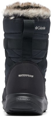 Rückansicht eines schwarzen Columbia Winterschuhs mit Fellbesatz und WATERPROOF-Aufschrift. Rückansicht eines schwarzen Columbia Winterschuhs mit Fellbesatz und WATERPROOF-Aufschrift.