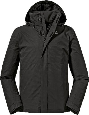 Schwarze Herren-Winterjacke mit Kapuze und Markenlogo. Schwarze Herren-Winterjacke mit Kapuze und Markenlogo.