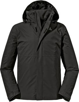 Schwarze Herren-Winterjacke mit Kapuze und Markenlogo.