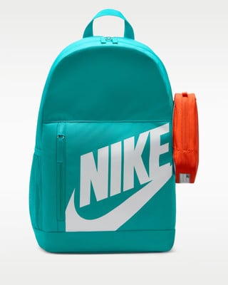 Tirkiz Nike hátizsák fehér logóval és narancssárga tolltartóval. Tirkiz Nike hátizsák fehér logóval és narancssárga tolltartóval.