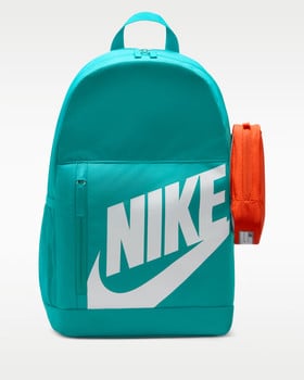 Tyrkysová taška Nike s bílým logem a oranžovou peněženkou.