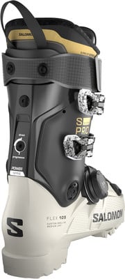 Salomon S/Pro Skischuh in Beige und Schwarz, mit einstellbarem Flex. Salomon S/Pro Skischuh in Beige und Schwarz, mit einstellbarem Flex.