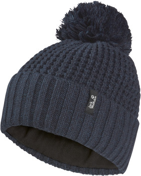 Dunkelblaue Strickmütze mit Bommel und Fleece-Futter.