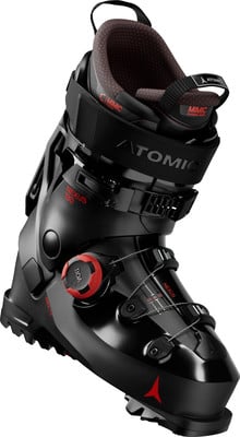 Schwarze Atomic Nexus 130 Skischuhe mit roten Akzenten und BOA-System. Schwarze Atomic Nexus 130 Skischuhe mit roten Akzenten und BOA-System.
