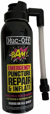 Muc-Off Spray zur Notfallreparatur und zum Aufpumpen von Fahrradreifen. Muc-Off Spray zur Notfallreparatur und zum Aufpumpen von Fahrradreifen.