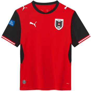 Rotes Fußballtrikot mit schwarzen Ärmeln und österreichischem Wappen.
