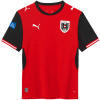 Rotes Fußballtrikot mit schwarzen Ärmeln und österreichischem Wappen.