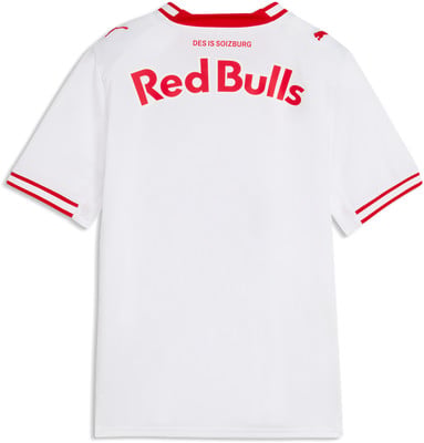 Weißes Fußballtrikot mit rotem „Red Bulls“-Aufdruck und Streifen.