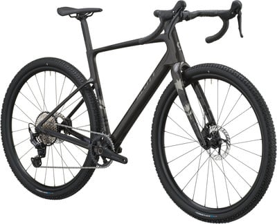 Schwarzes Scott Gravelbike mit Scheibenbremsen und breiten Reifen.