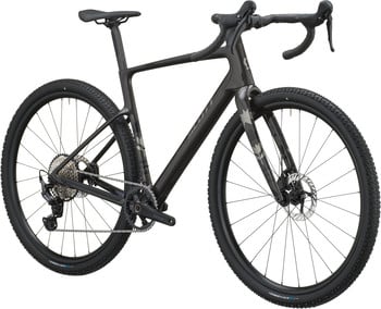 Schwarzes Scott Gravelbike mit Scheibenbremsen und breiten Reifen.