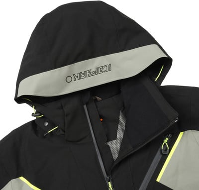 Schwarze Kapuzenjacke mit grauem Streifen und ICEPEAK-Logo.