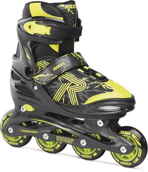 Schwarze Rollschuhe mit neongelben Akzenten und Logo.