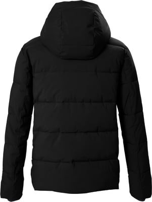 Rückansicht einer schwarzen Daunenjacke mit Kapuze. Rückansicht einer schwarzen Daunenjacke mit Kapuze.