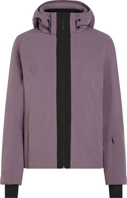 Eine violette Herrenjacke mit Reißverschluss und Kapuze hat schwarze Details.