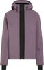 Eine violette Herrenjacke mit Reißverschluss und Kapuze hat schwarze Details.
