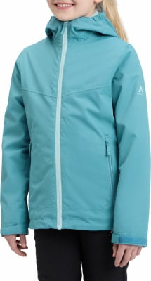 Mädchen in einer türkisfarbenen Jacke mit Kapuze und hellblauem Reißverschluss.