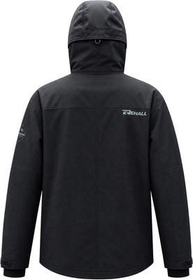Schwarze Herrenjacke mit Kapuze und REHALL-Logo auf dem Rücken. Schwarze Herrenjacke mit Kapuze und REHALL-Logo auf dem Rücken.