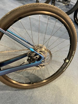 Detail eines Mountainbike-Hinterrads mit metallischem Rahmen und Scheibenbremse. Detail eines Mountainbike-Hinterrads mit metallischem Rahmen und Scheibenbremse.