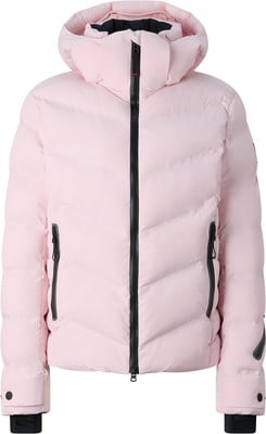 Eine rosa Daunenjacke mit Reißverschluss und Kapuze.