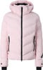 Eine rosa Daunenjacke mit Reißverschluss und Kapuze.