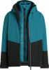 Blaue und schwarze Jacke mit gestepptem Futter und Kapuze.