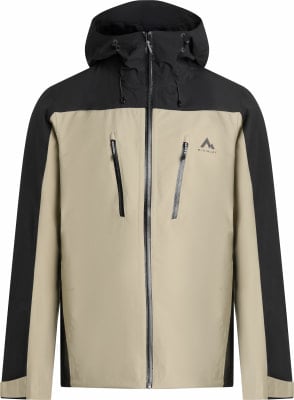 Eine beige McKinley Jacke mit schwarzen Ärmeln und Kapuze und McKinley-Logo. Eine beige McKinley Jacke mit schwarzen Ärmeln und Kapuze und McKinley-Logo.