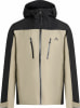 Eine beige McKinley Jacke mit schwarzen Ärmeln und Kapuze und McKinley-Logo.