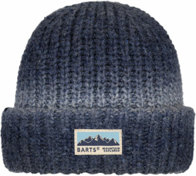Eine blaue Strickmütze mit einem Berglogo und der Aufschrift Barts Mountain Explorer. Eine blaue Strickmütze mit einem Berglogo und der Aufschrift Barts Mountain Explorer.