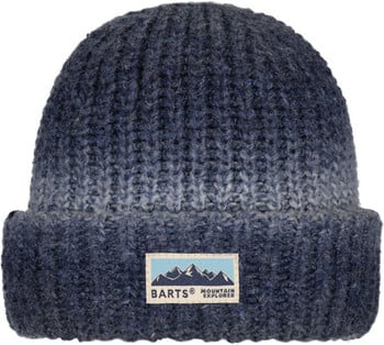 Eine blaue Strickmütze mit einem Berglogo und der Aufschrift Barts Mountain Explorer.